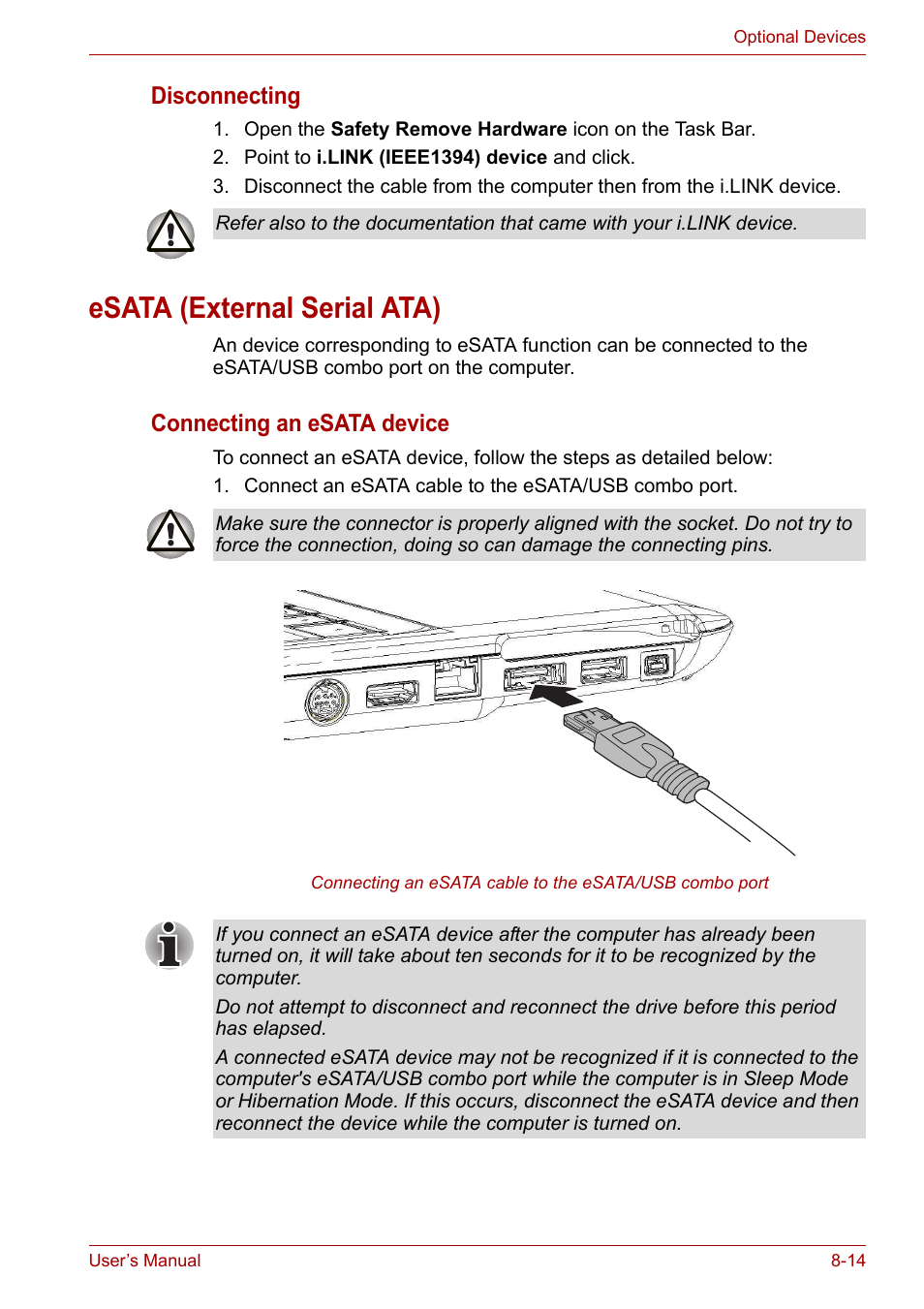 Esata (external serial ata), Esata (external serial ata) -14, Disconnecting | Connecting an esata device | Toshiba Satellite A300D User Manual | Page 129 / 179