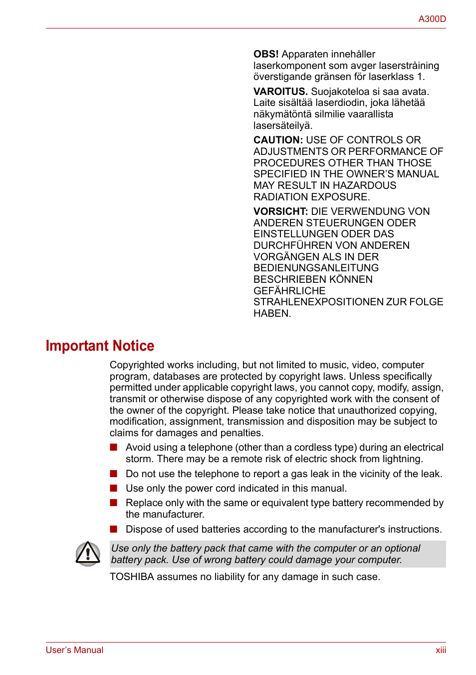 Important notice | Toshiba Satellite A300D User Manual | Page 13 / 179