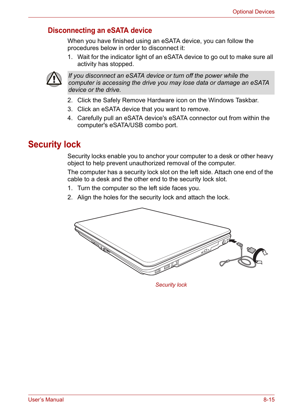 Security lock, Security lock -15, Disconnecting an esata device | Toshiba Satellite A300D User Manual | Page 130 / 179
