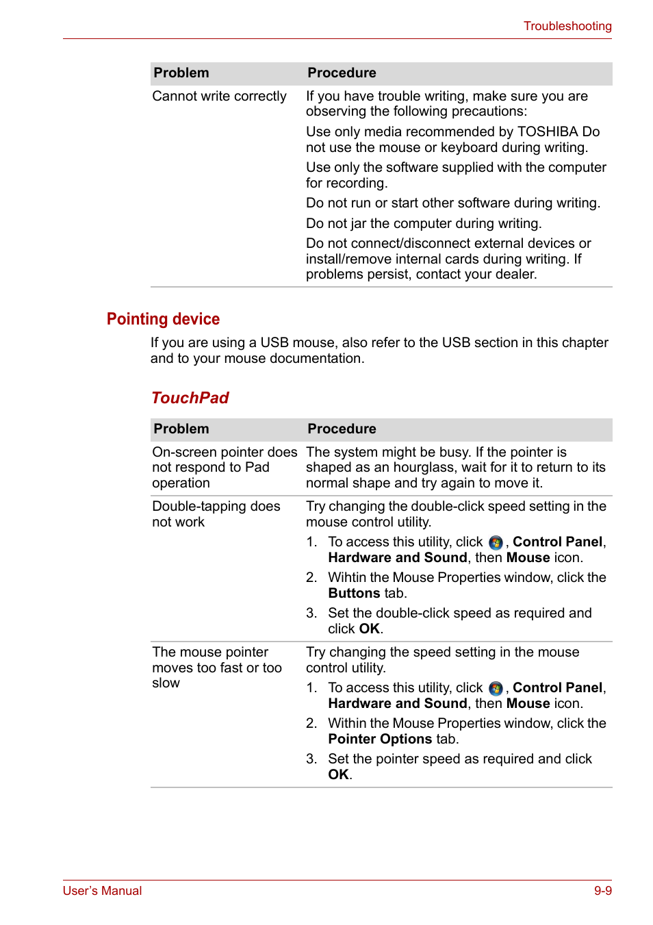 Pointing device | Toshiba Satellite A300D User Manual | Page 139 / 179