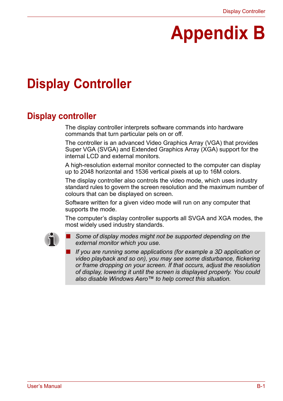 Appendix b: display controller, Appendix b, Display controller | Ix b, Display, Controller | Toshiba Satellite A300D User Manual | Page 150 / 179