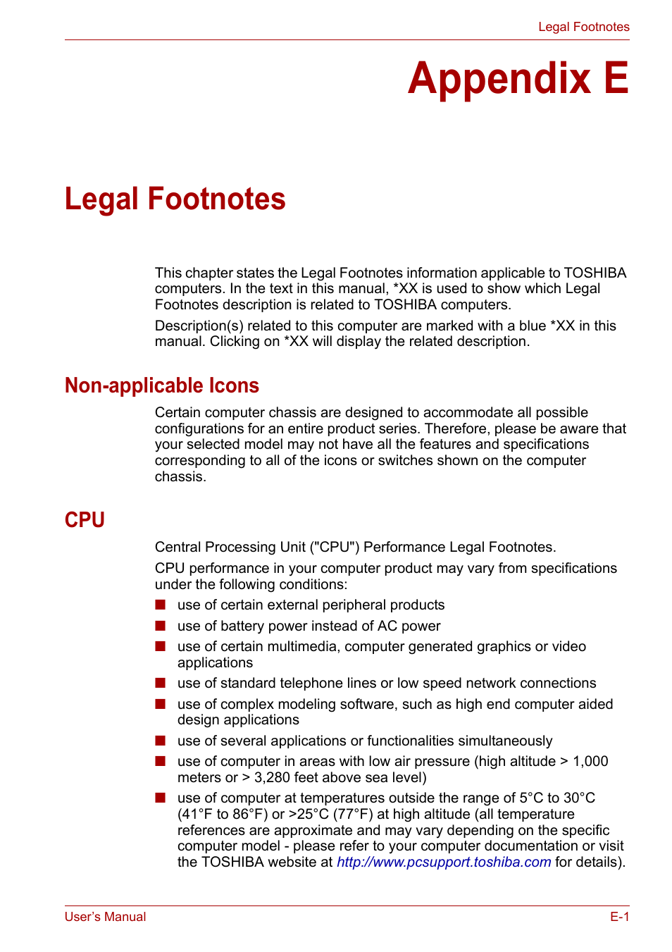 Appendix e: legal footnotes, Appendix e, Legal footnotes | Non-applicable icons | Toshiba Satellite A300D User Manual | Page 156 / 179