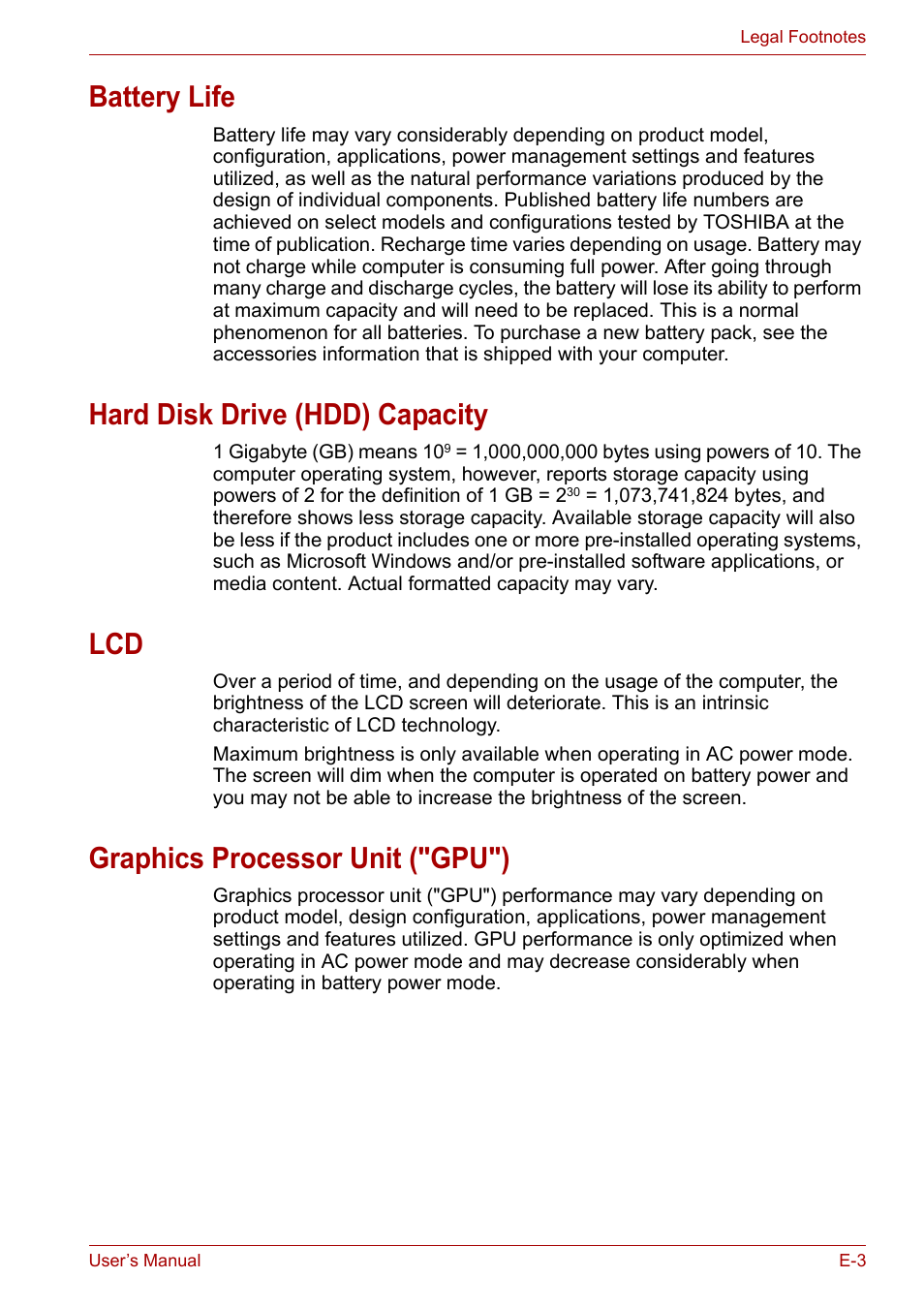 Battery life, Hard disk drive (hdd) capacity, Graphics processor unit ("gpu") | Toshiba Satellite A300D User Manual | Page 158 / 179