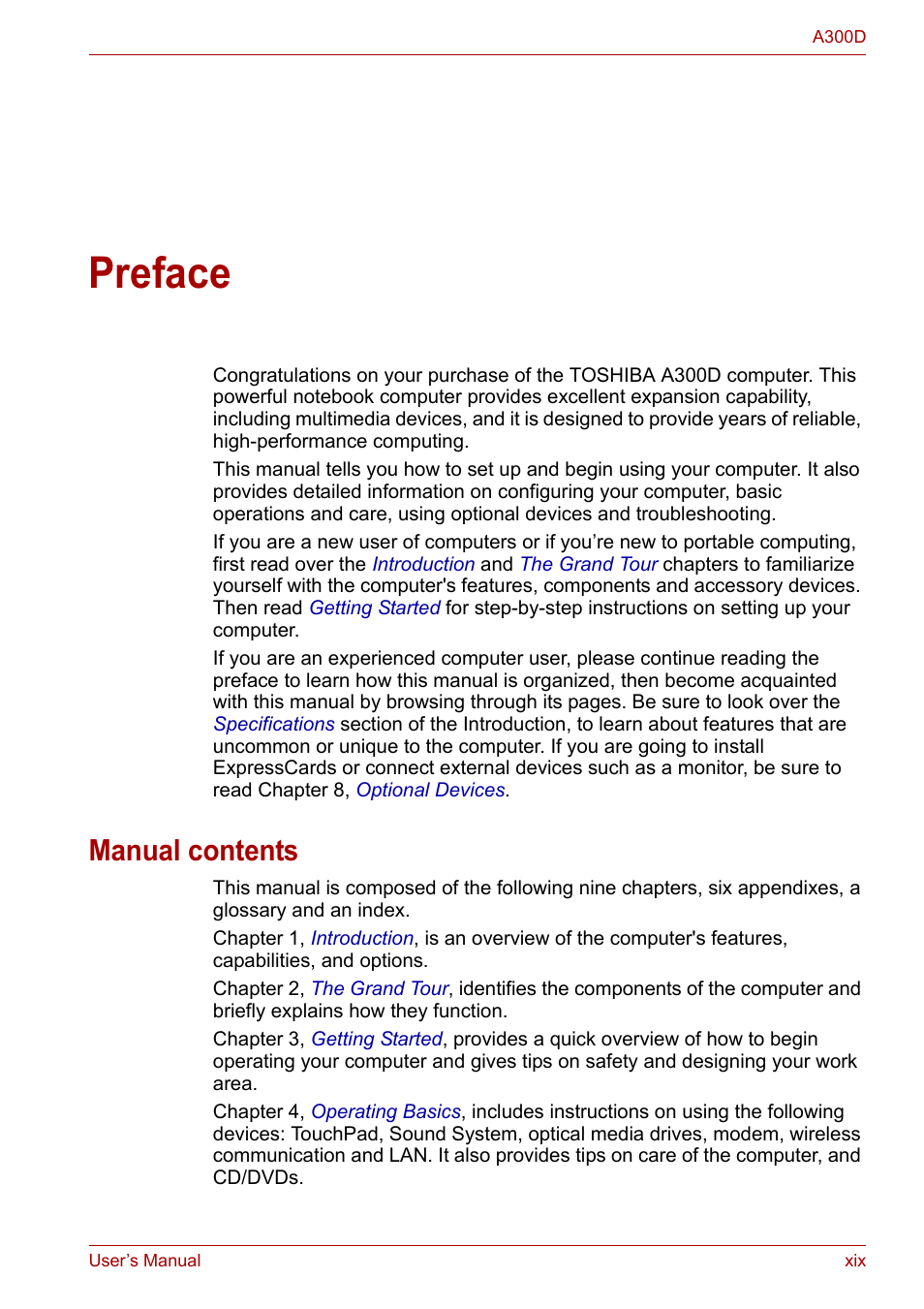 Preface, Manual contents | Toshiba Satellite A300D User Manual | Page 19 / 179