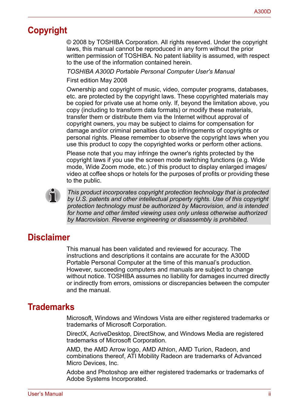 Copyright, Disclaimer, Trademarks | Toshiba Satellite A300D User Manual | Page 2 / 179