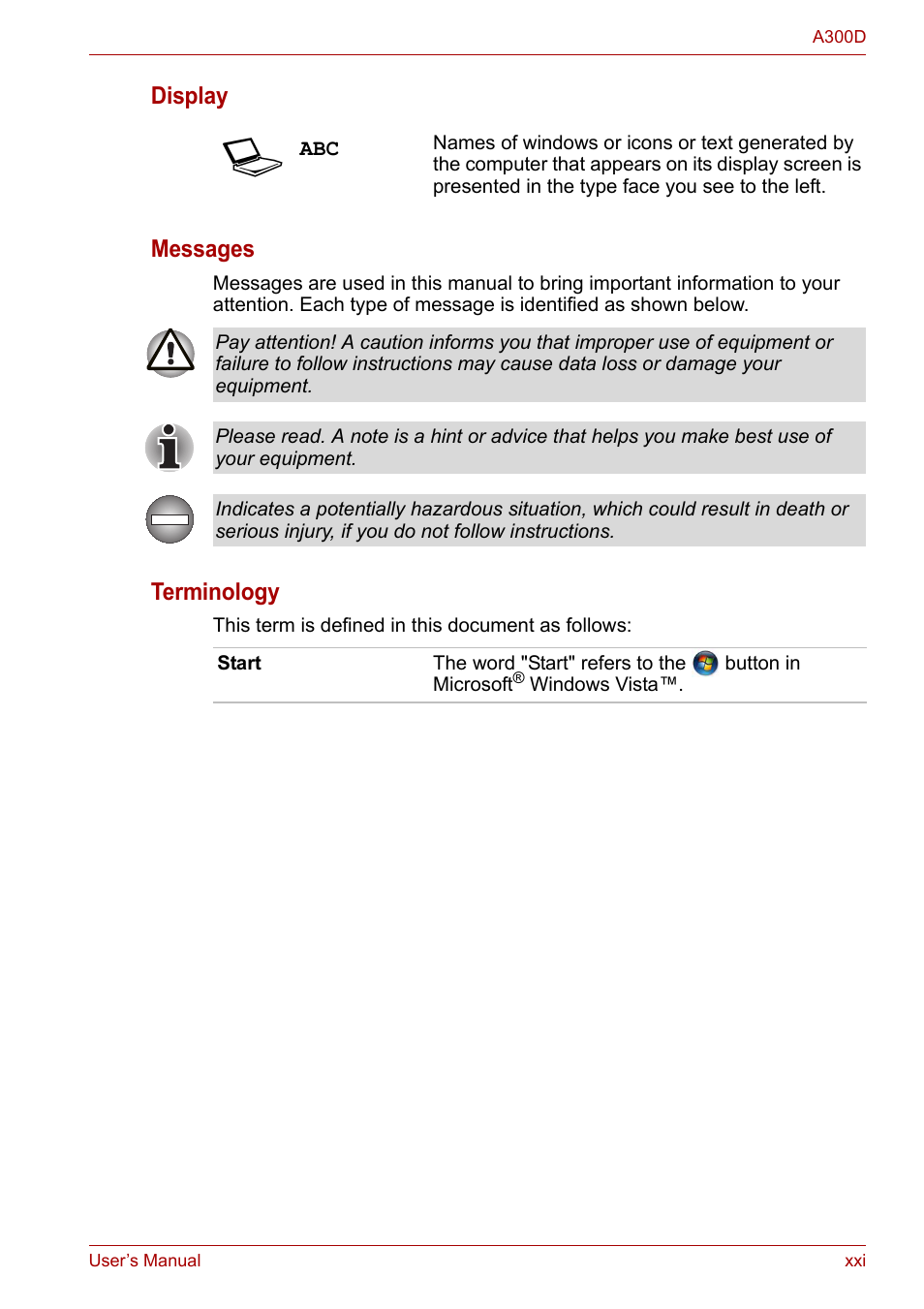 Display messages, Terminology | Toshiba Satellite A300D User Manual | Page 21 / 179