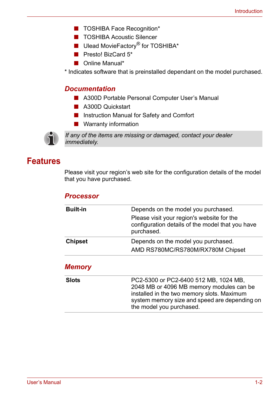 Features, Features -2 | Toshiba Satellite A300D User Manual | Page 23 / 179