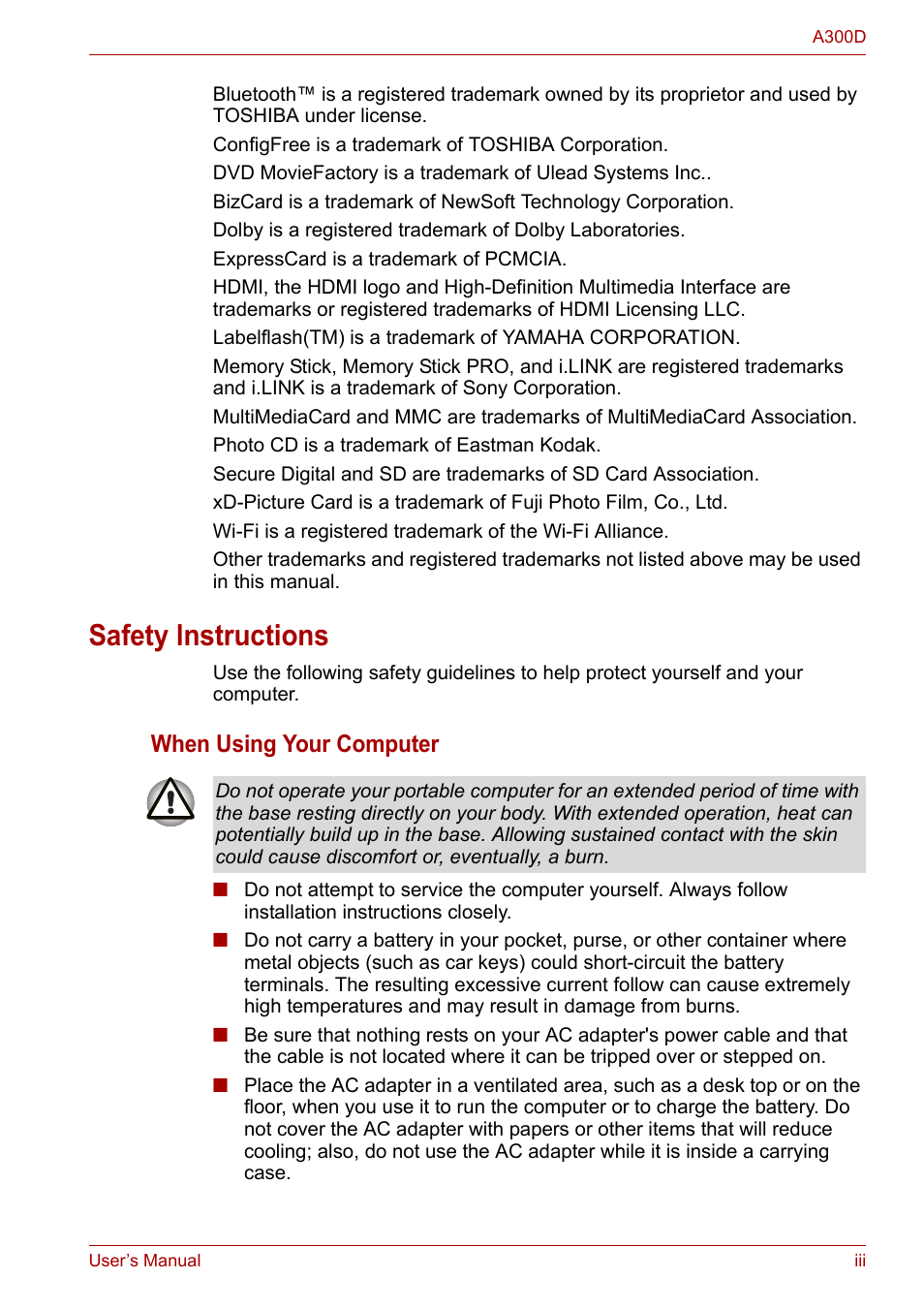 Safety lnstructions, When using your computer | Toshiba Satellite A300D User Manual | Page 3 / 179