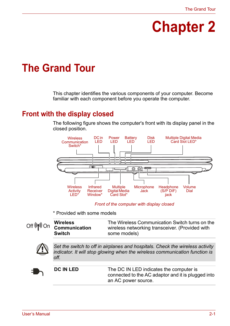 Chapter 2: the grand tour, Front with the display closed, Chapter 2 | The grand tour, Front with the display closed -1 | Toshiba Satellite A300D User Manual | Page 36 / 179