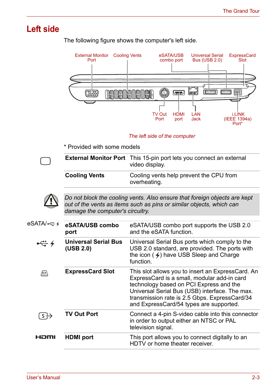 Left side, Left side -3 | Toshiba Satellite A300D User Manual | Page 38 / 179