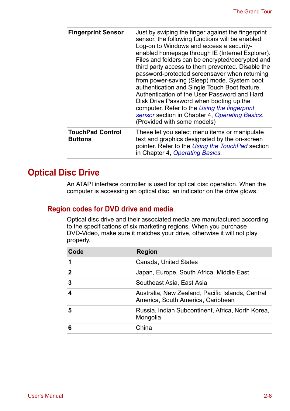 Optical disc drive, Optical disc drive -8, Region codes for dvd drive and media | Toshiba Satellite A300D User Manual | Page 43 / 179