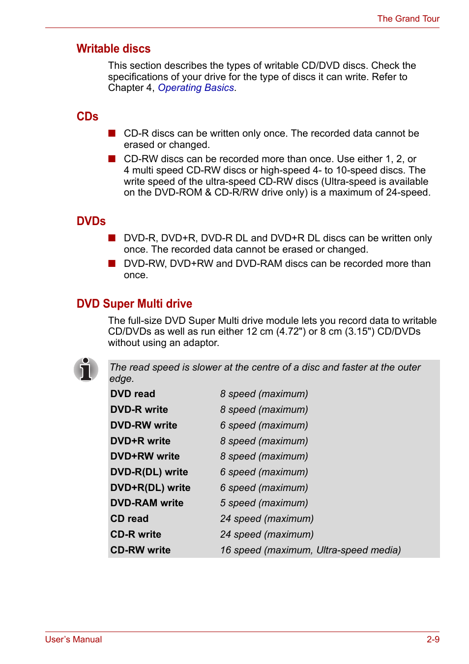 Writable discs, Dvds, Dvd super multi drive | Toshiba Satellite A300D User Manual | Page 44 / 179