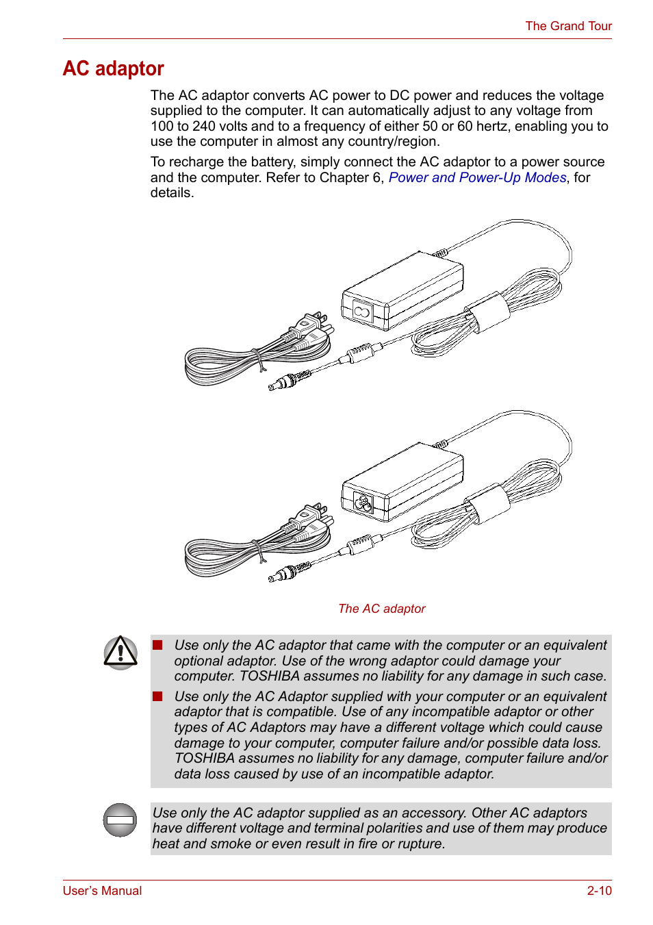 Ac adaptor, Ac adaptor -10 | Toshiba Satellite A300D User Manual | Page 45 / 179