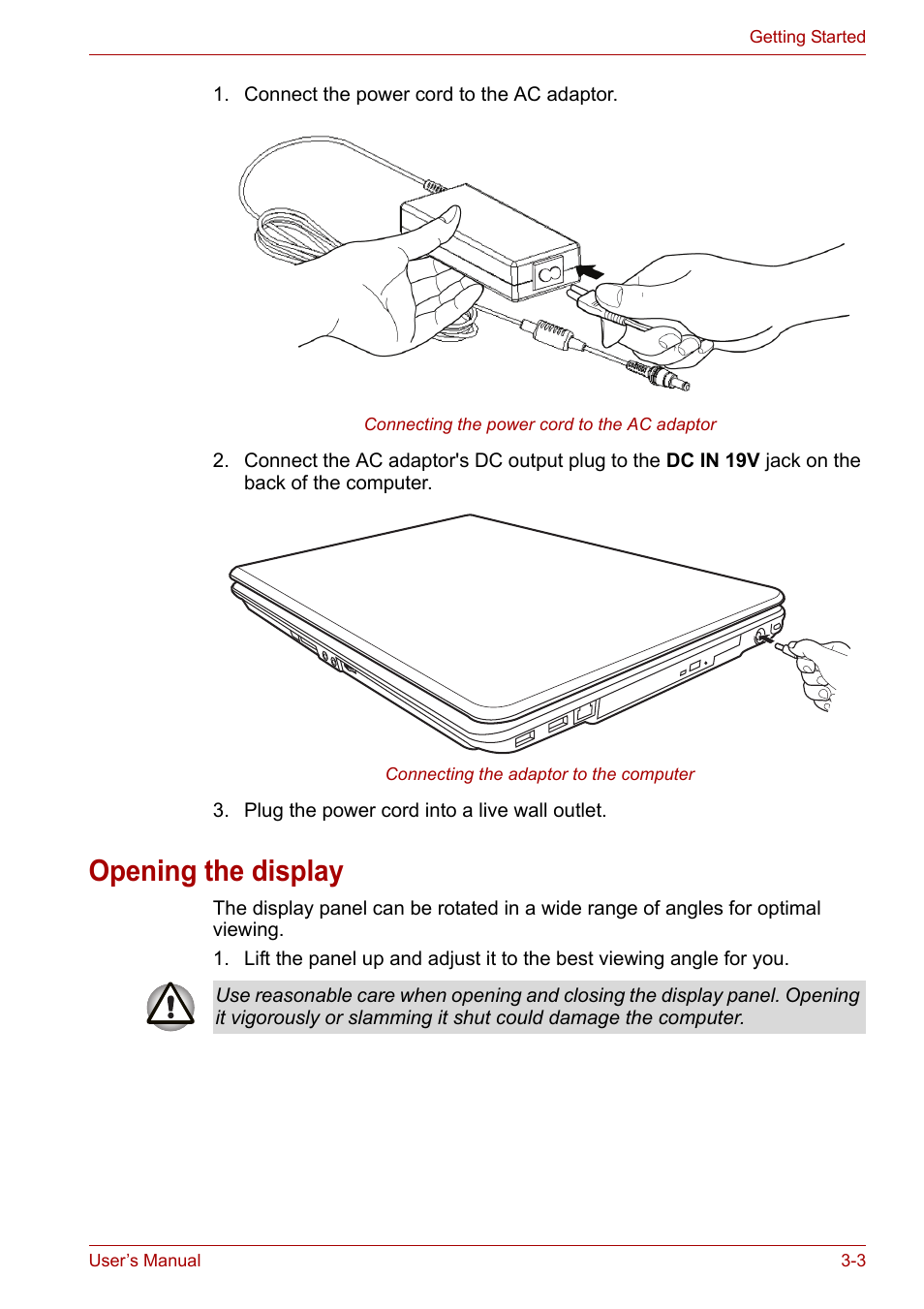 Opening the display, Opening the display -3 | Toshiba Satellite A300D User Manual | Page 48 / 179