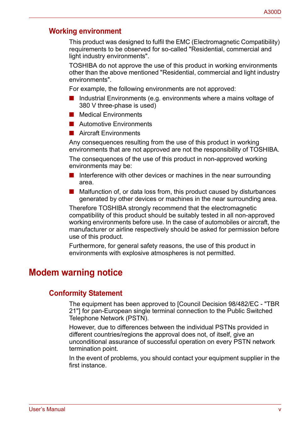 Modem warning notice, Working environment, Conformity statement | Toshiba Satellite A300D User Manual | Page 5 / 179