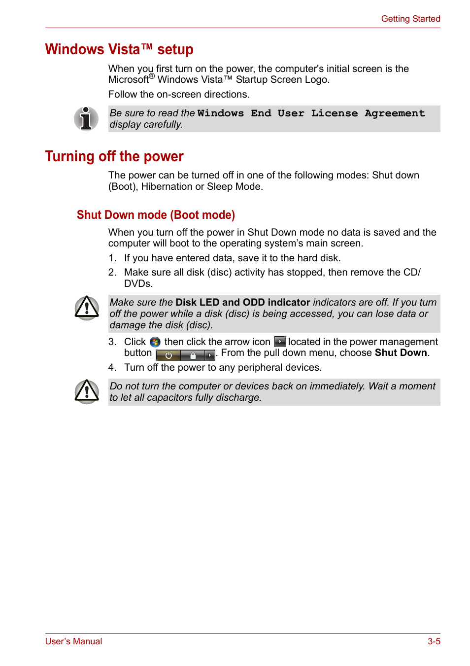 Windows vista™ setup, Turning off the power, Windows vista™ setup -5 turning off the power -5 | Shut down mode (boot mode) | Toshiba Satellite A300D User Manual | Page 50 / 179