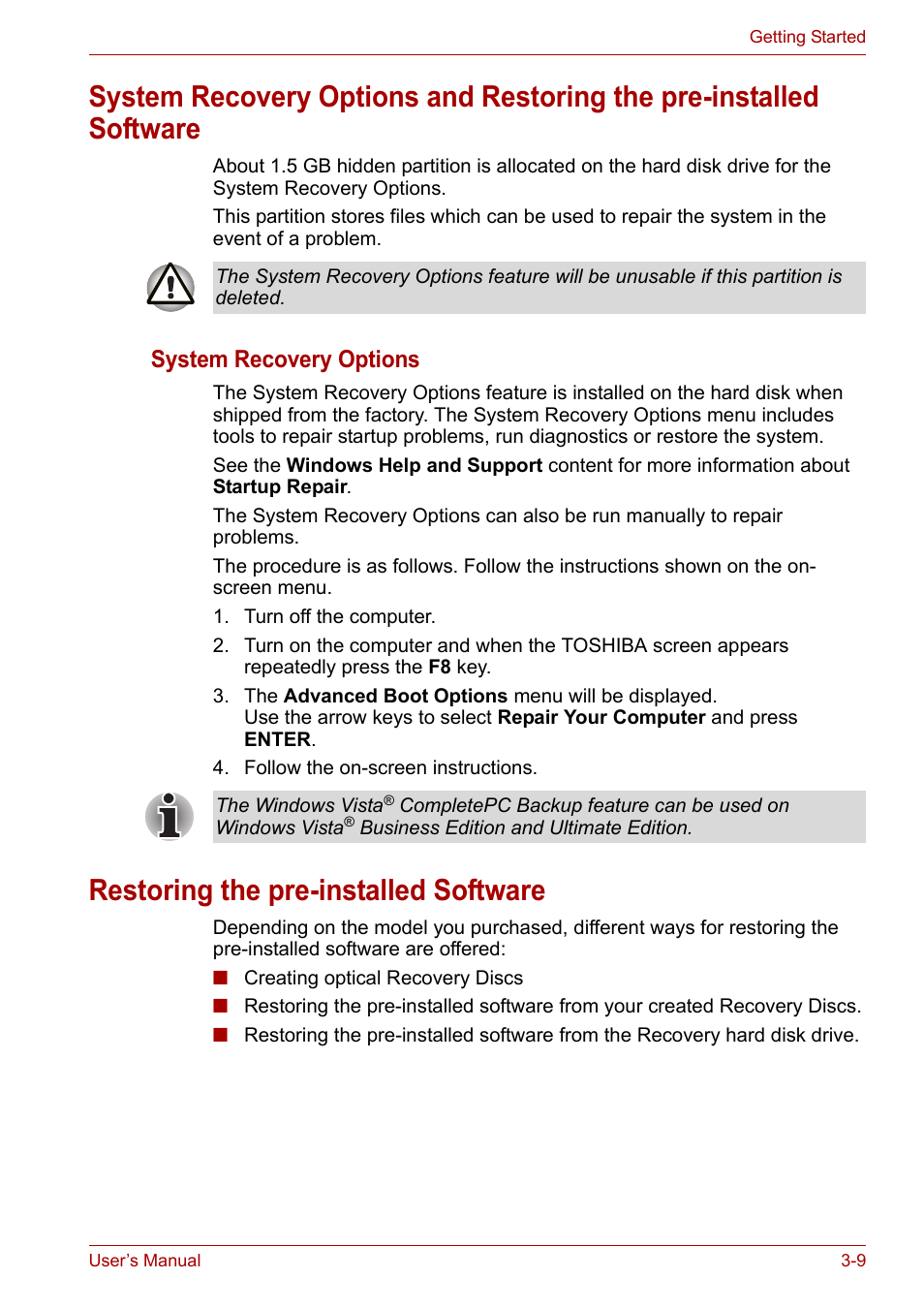 Restoring the pre-installed software, System recovery options | Toshiba Satellite A300D User Manual | Page 54 / 179