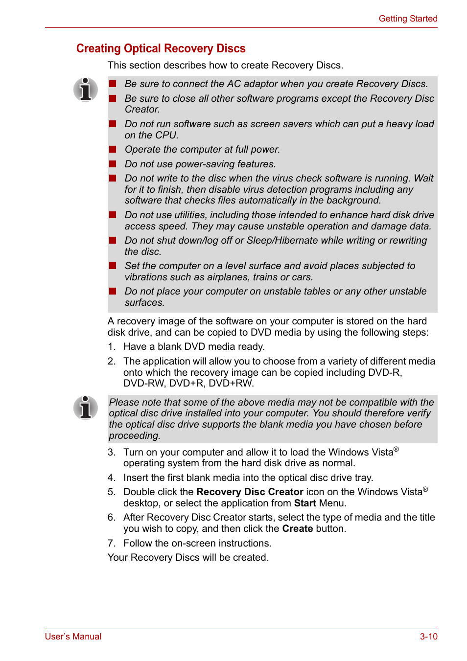 Creating optical recovery discs | Toshiba Satellite A300D User Manual | Page 55 / 179