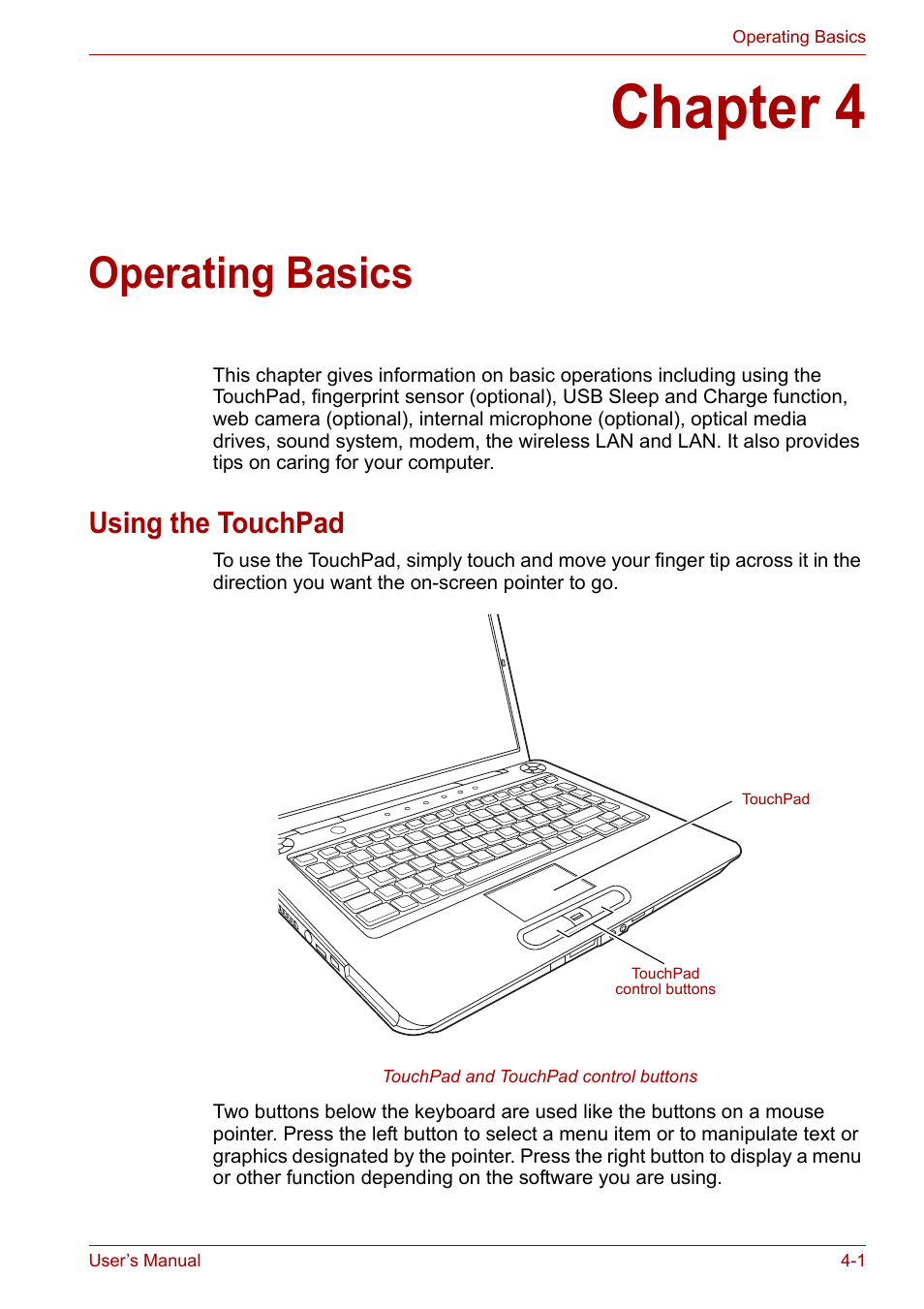 Chapter 4: operating basics, Using the touchpad, Chapter 4 | Operating basics, Using the touchpad -1, Incl, Apter 4, Hapter 4 | Toshiba Satellite A300D User Manual | Page 58 / 179