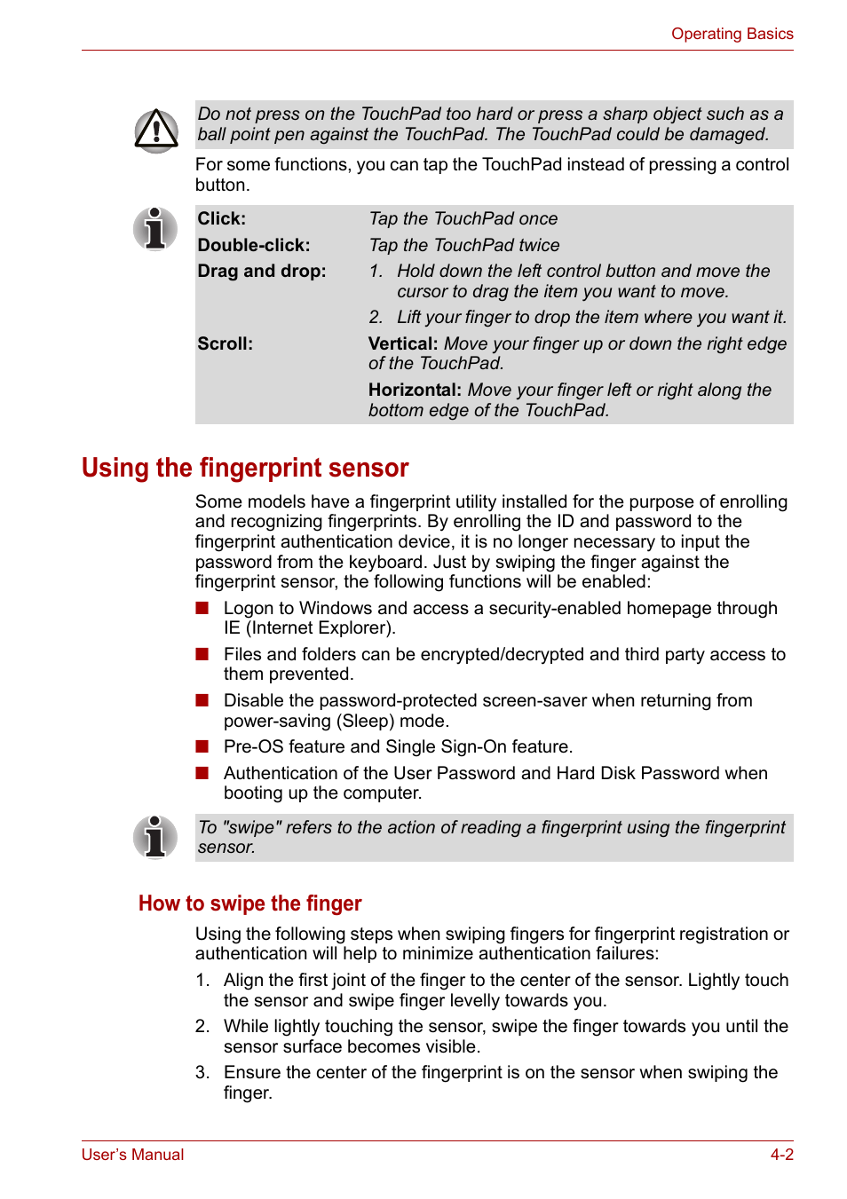 Using the fingerprint sensor, Using the fingerprint sensor -2, To the | Using the fingerprint, Sensor, How to swipe the finger | Toshiba Satellite A300D User Manual | Page 59 / 179