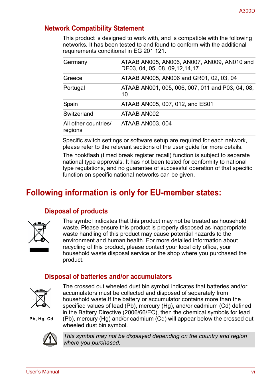 Following information is only for eu-member states, Network compatibility statement, Disposal of products | Disposal of batteries and/or accumulators | Toshiba Satellite A300D User Manual | Page 6 / 179