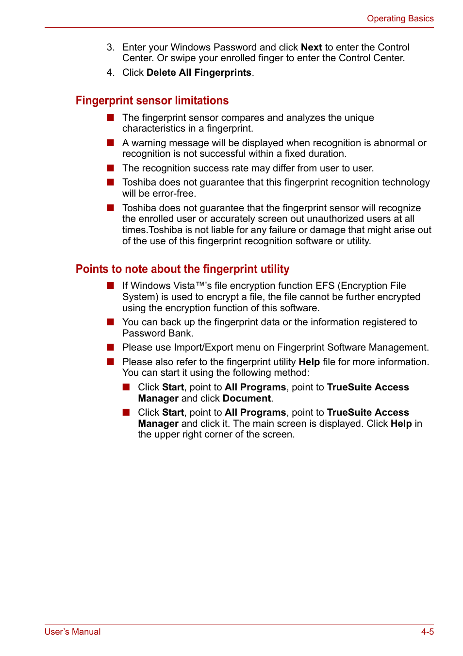 Fingerprint sensor limitations | Toshiba Satellite A300D User Manual | Page 62 / 179