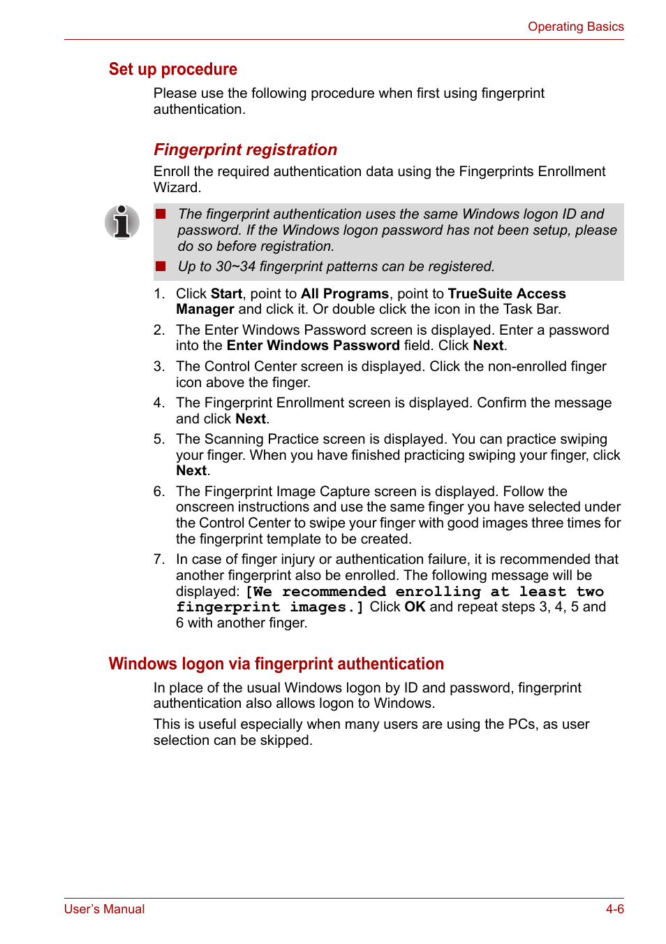 Set up procedure, Windows logon via fingerprint authentication | Toshiba Satellite A300D User Manual | Page 63 / 179