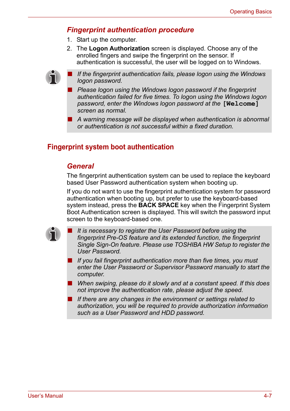 Fingerprint system boot authentication | Toshiba Satellite A300D User Manual | Page 64 / 179