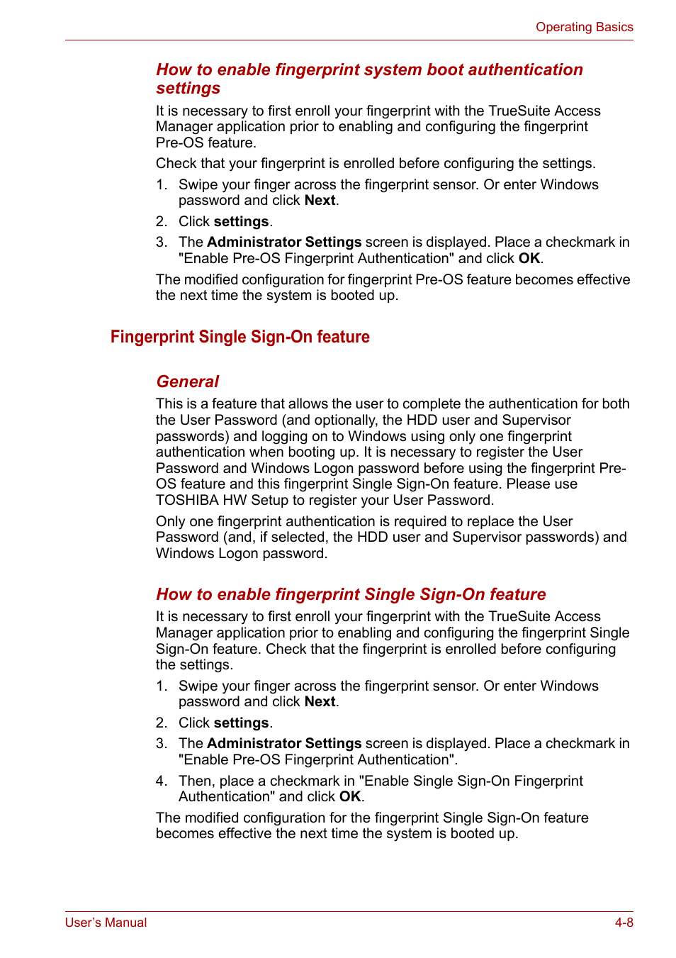 Fingerprint single sign-on feature | Toshiba Satellite A300D User Manual | Page 65 / 179