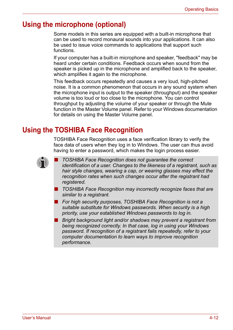 Using the microphone (optional), Using the toshiba face recognition | Toshiba Satellite A300D User Manual | Page 69 / 179