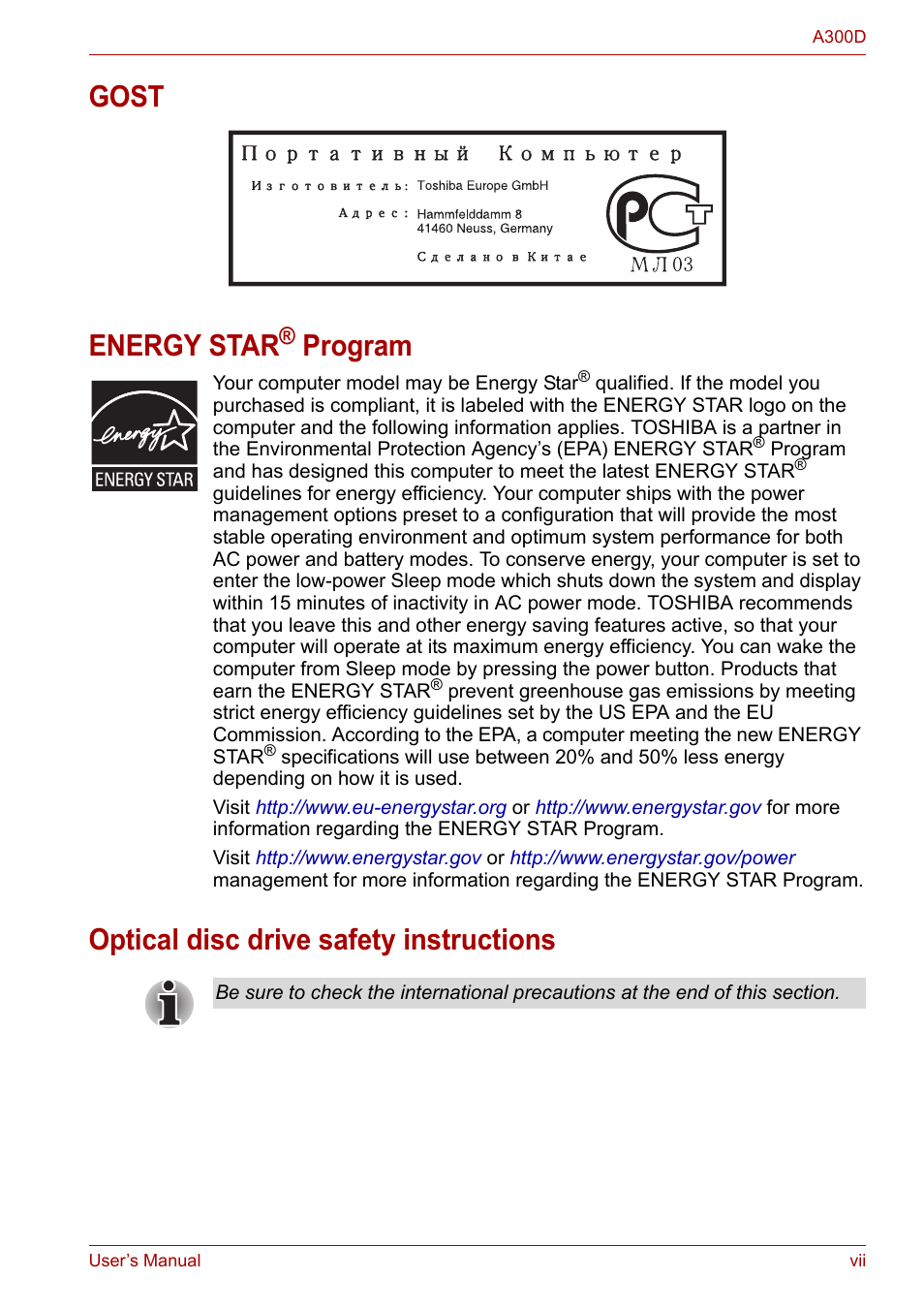 Gost energy star, Program, Optical disc drive safety instructions | Toshiba Satellite A300D User Manual | Page 7 / 179