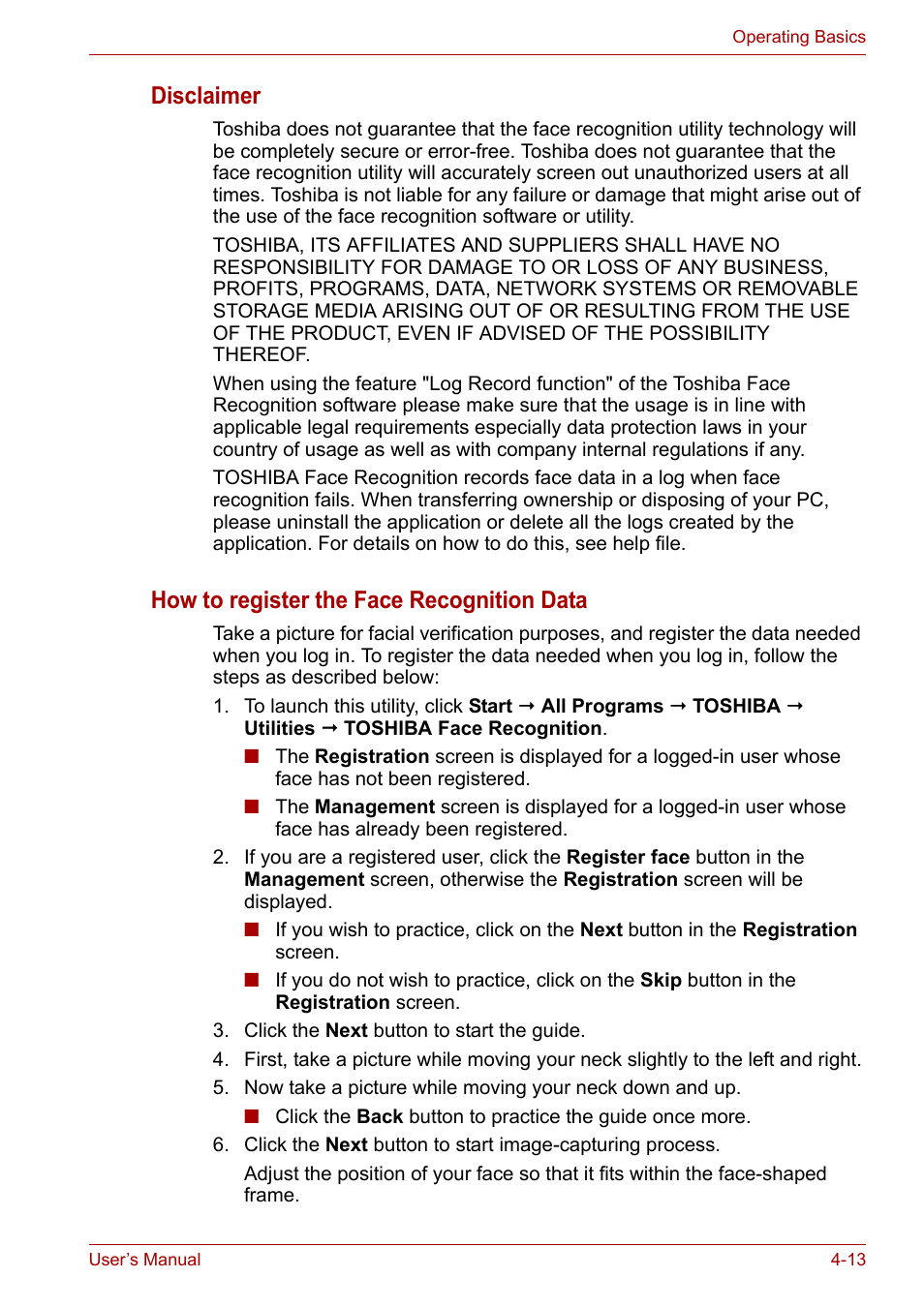 Disclaimer, How to register the face recognition data | Toshiba Satellite A300D User Manual | Page 70 / 179