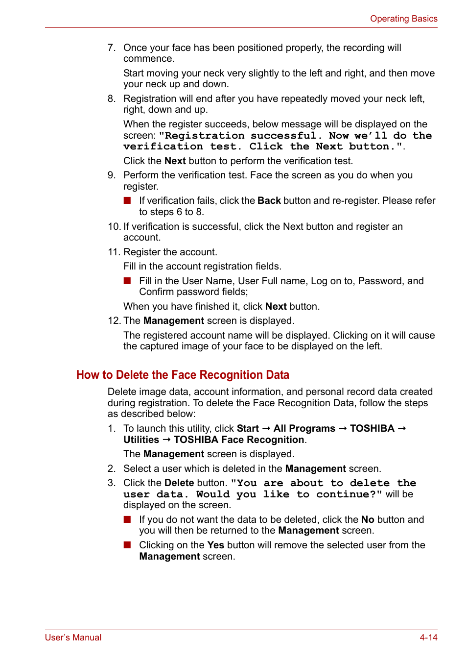 How to delete the face recognition data | Toshiba Satellite A300D User Manual | Page 71 / 179