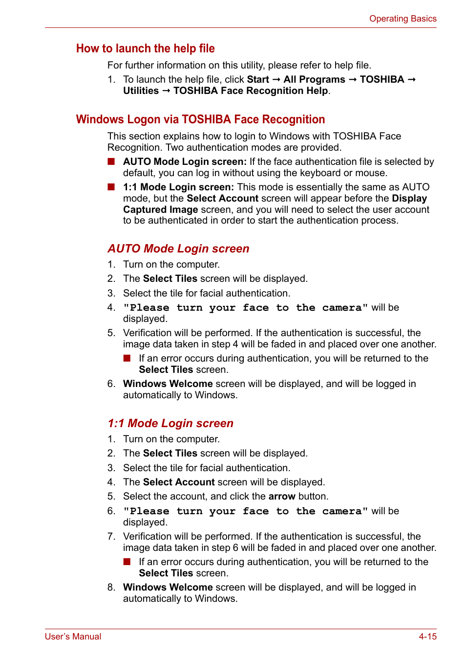 How to launch the help file, Windows logon via toshiba face recognition | Toshiba Satellite A300D User Manual | Page 72 / 179