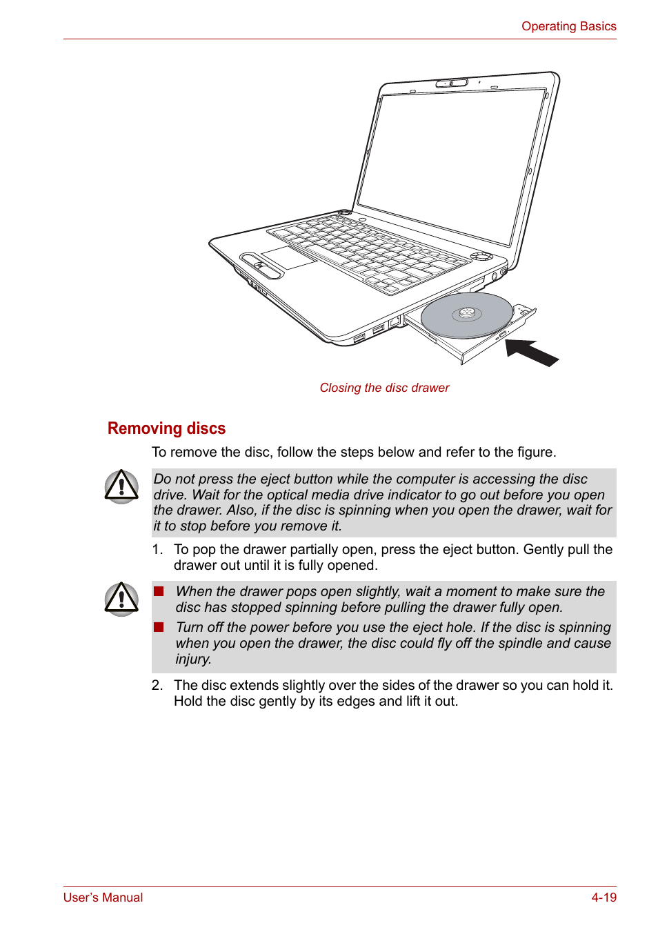Removing discs | Toshiba Satellite A300D User Manual | Page 76 / 179