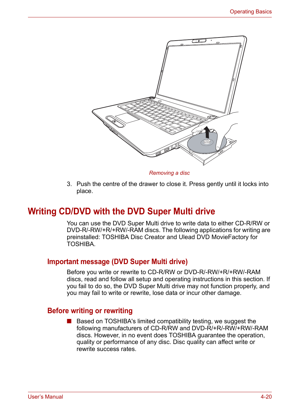 Writing cd/dvd with the dvd super multi drive, Writing cd/dvd with the dvd super multi drive -20, Important message (dvd super multi drive) | Before writing or rewriting | Toshiba Satellite A300D User Manual | Page 77 / 179