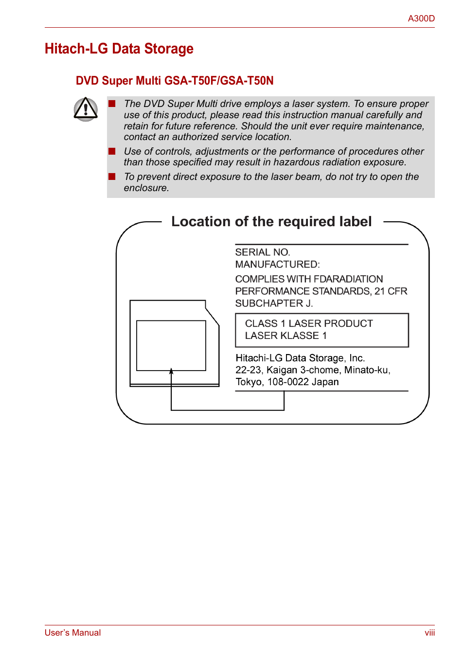 Hitach-lg data storage, Dvd super multi gsa-t50f/gsa-t50n | Toshiba Satellite A300D User Manual | Page 8 / 179