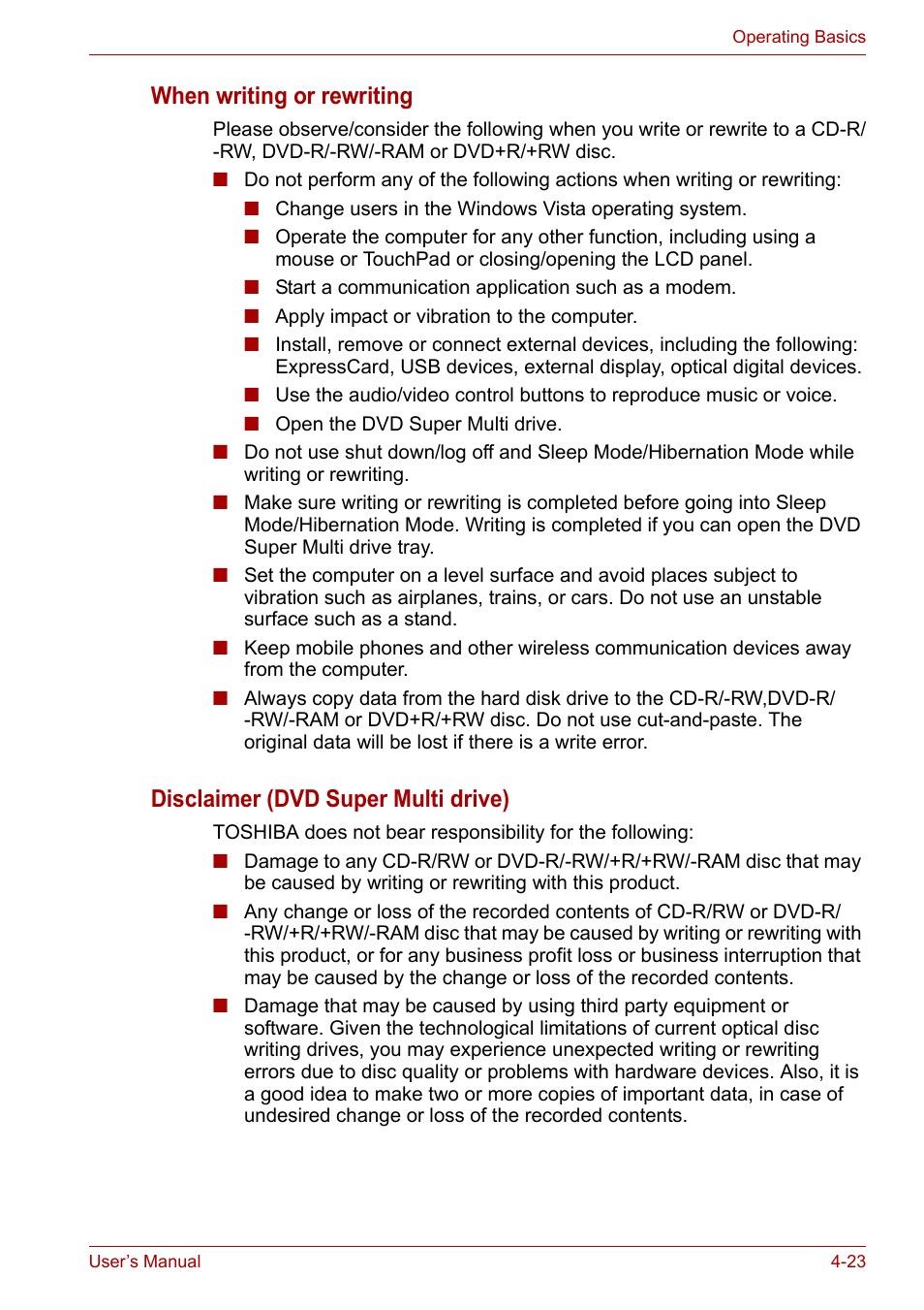 When writing or rewriting, Disclaimer (dvd super multi drive) | Toshiba Satellite A300D User Manual | Page 80 / 179