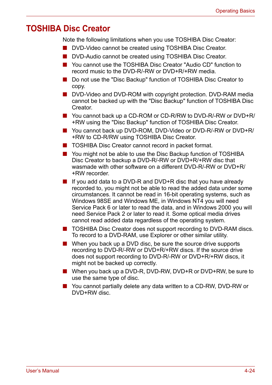 Toshiba disc creator, Toshiba disc creator -24 | Toshiba Satellite A300D User Manual | Page 81 / 179