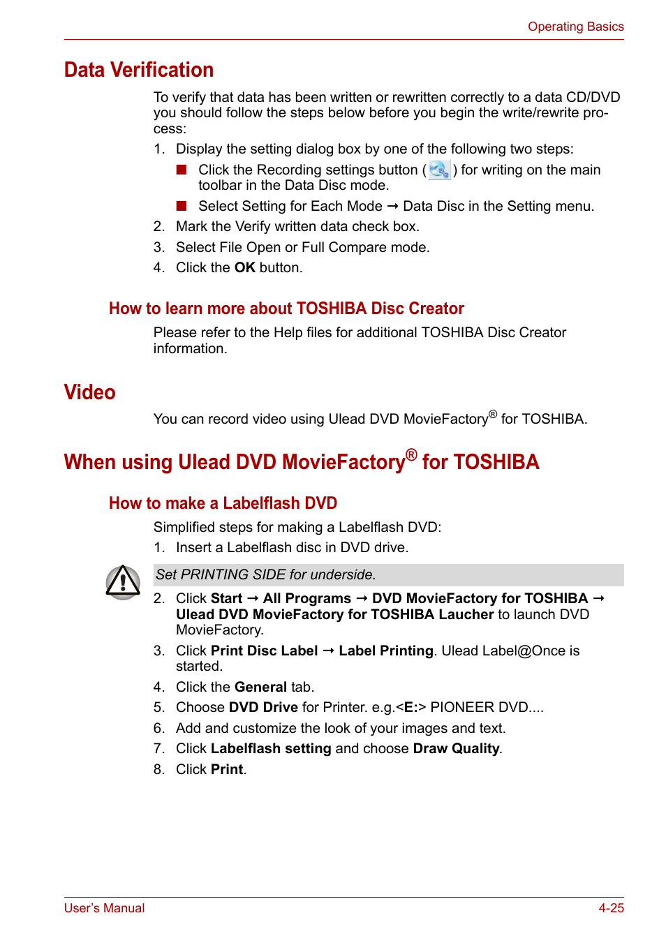 Data verification, Video, When using ulead dvd moviefactory® for toshiba | When using ulead dvd moviefactory, For toshiba | Toshiba Satellite A300D User Manual | Page 82 / 179