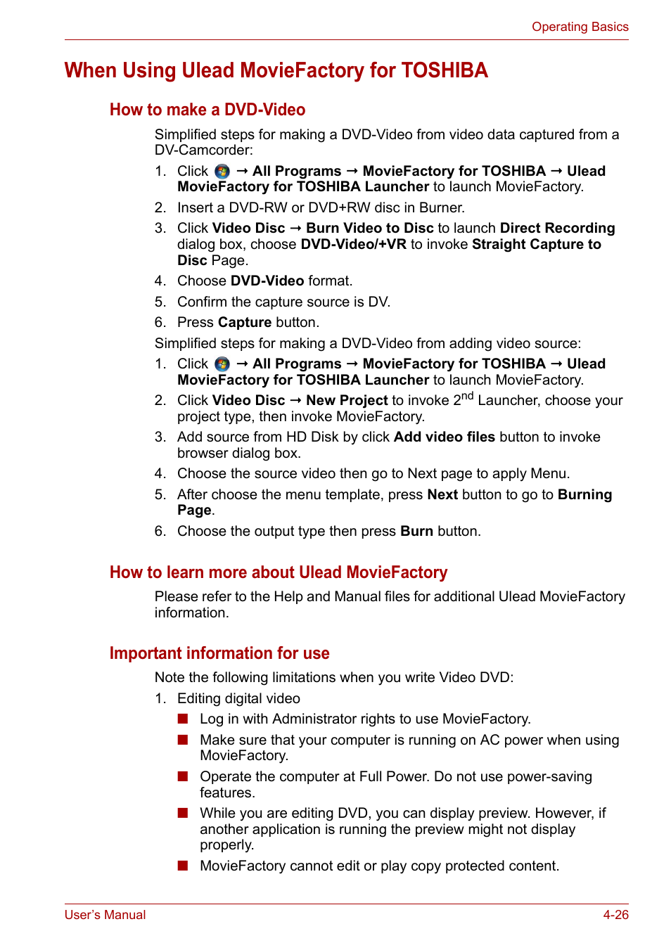 When using ulead moviefactory for toshiba, When using ulead moviefactory for toshiba -26, How to make a dvd-video | How to learn more about ulead moviefactory, Important information for use | Toshiba Satellite A300D User Manual | Page 83 / 179