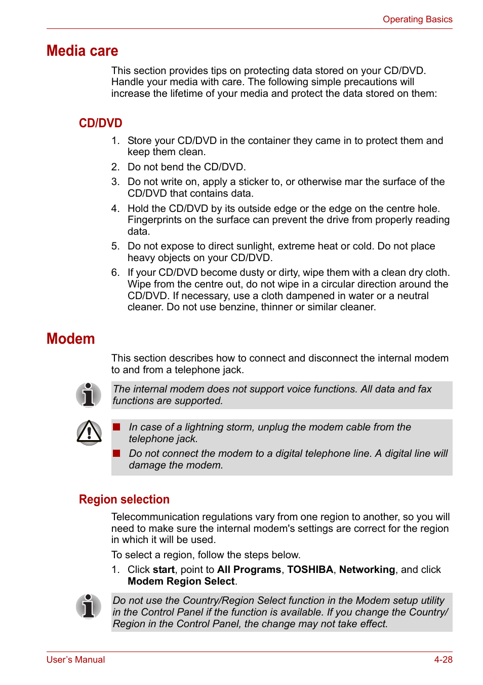 Media care, Modem, Media care -28 modem -28 | Toshiba Satellite A300D User Manual | Page 85 / 179