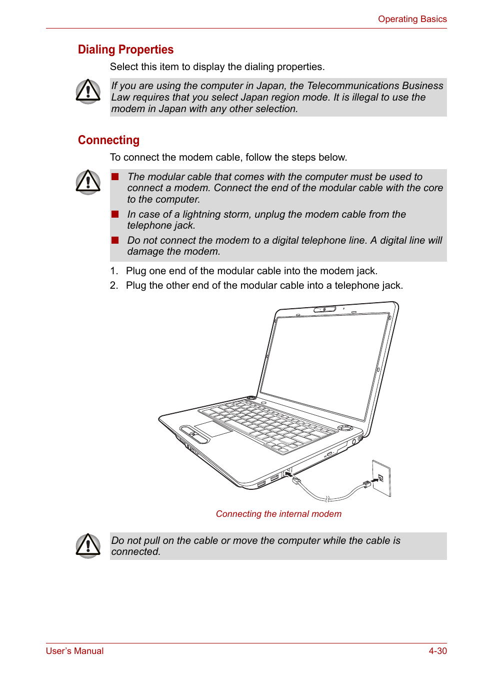 Dialing properties, Connecting | Toshiba Satellite A300D User Manual | Page 87 / 179