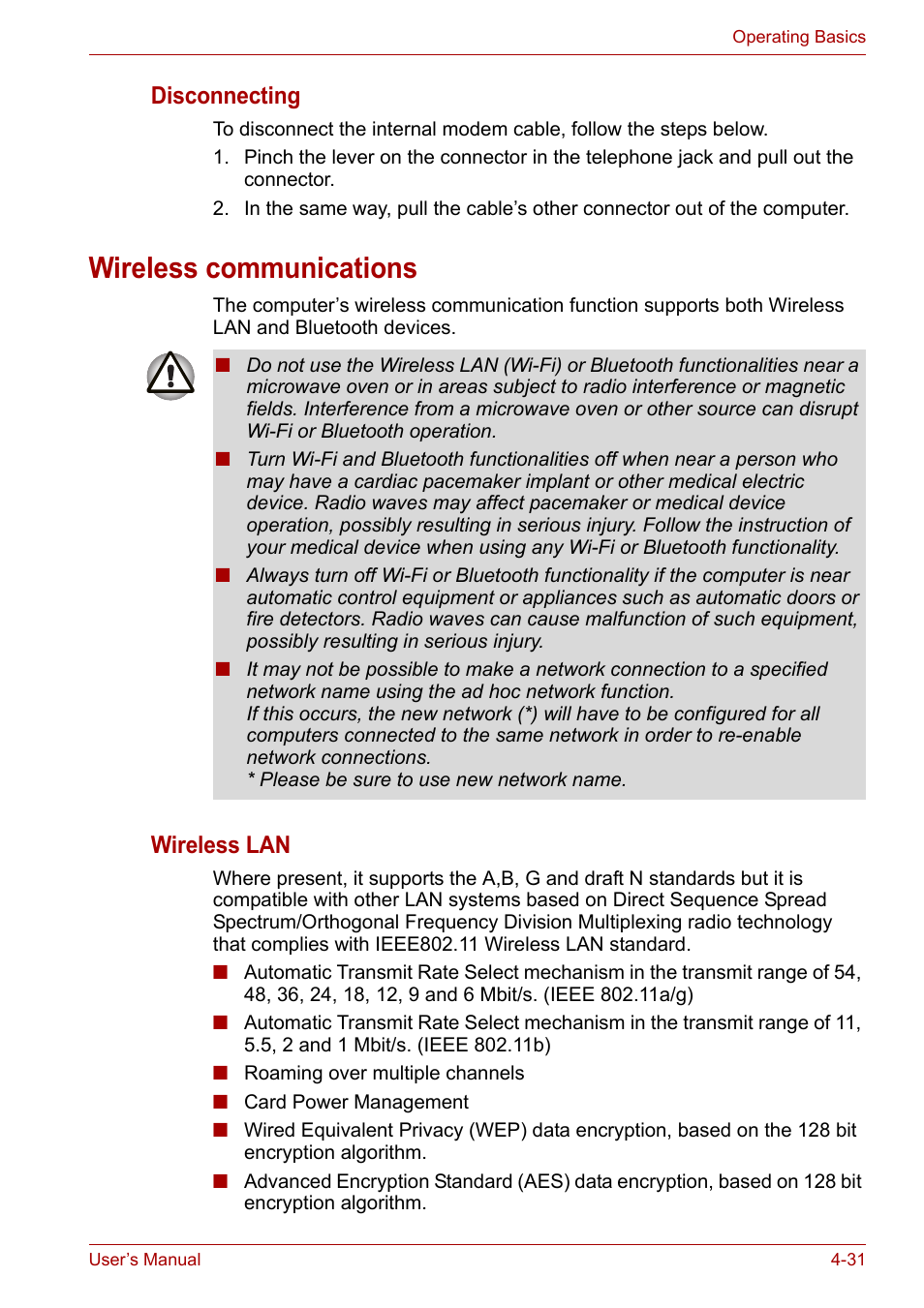 Wireless communications, Wireless communications -31, Disconnecting | Wireless lan | Toshiba Satellite A300D User Manual | Page 88 / 179
