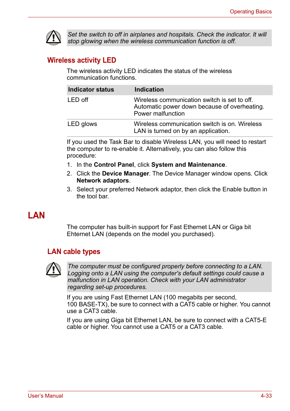 Lan -33, Wireless activity led, Lan cable types | Toshiba Satellite A300D User Manual | Page 90 / 179