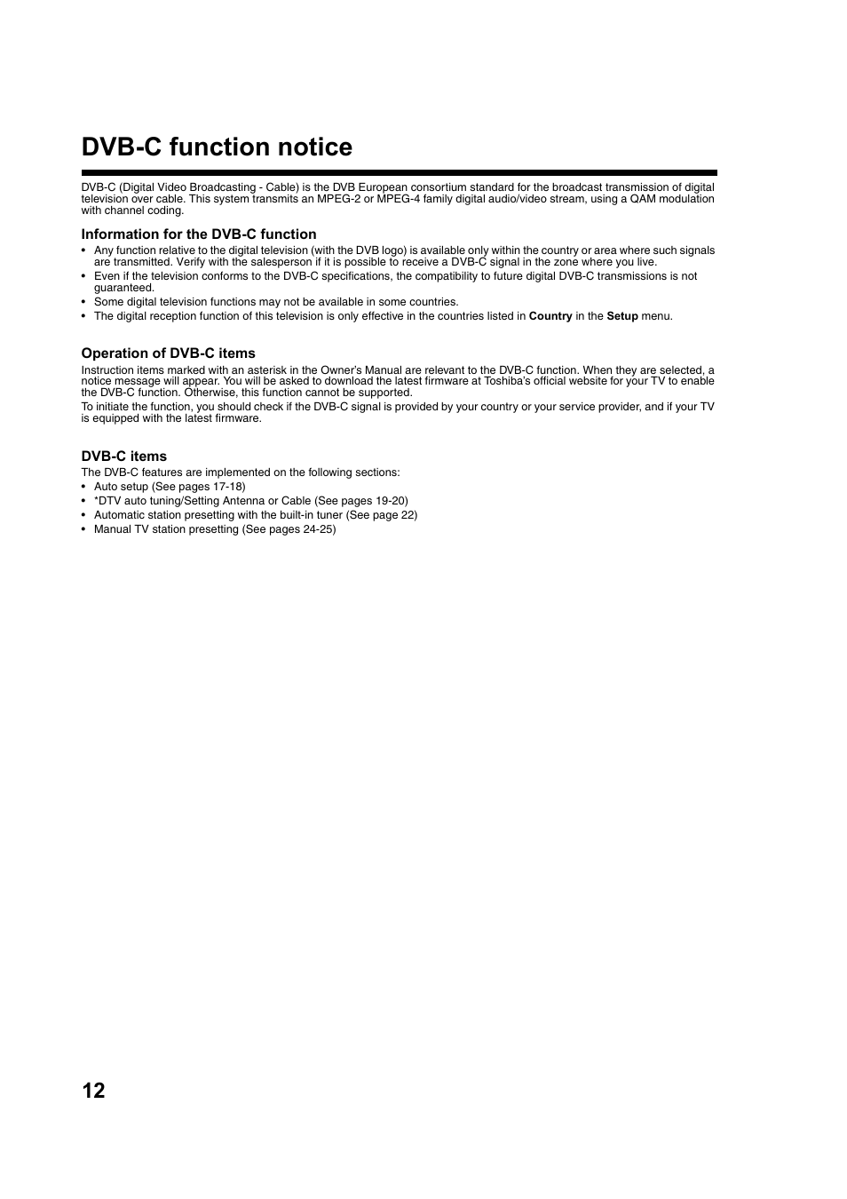Dvb-c function notice | Toshiba DV734 User Manual | Page 12 / 92