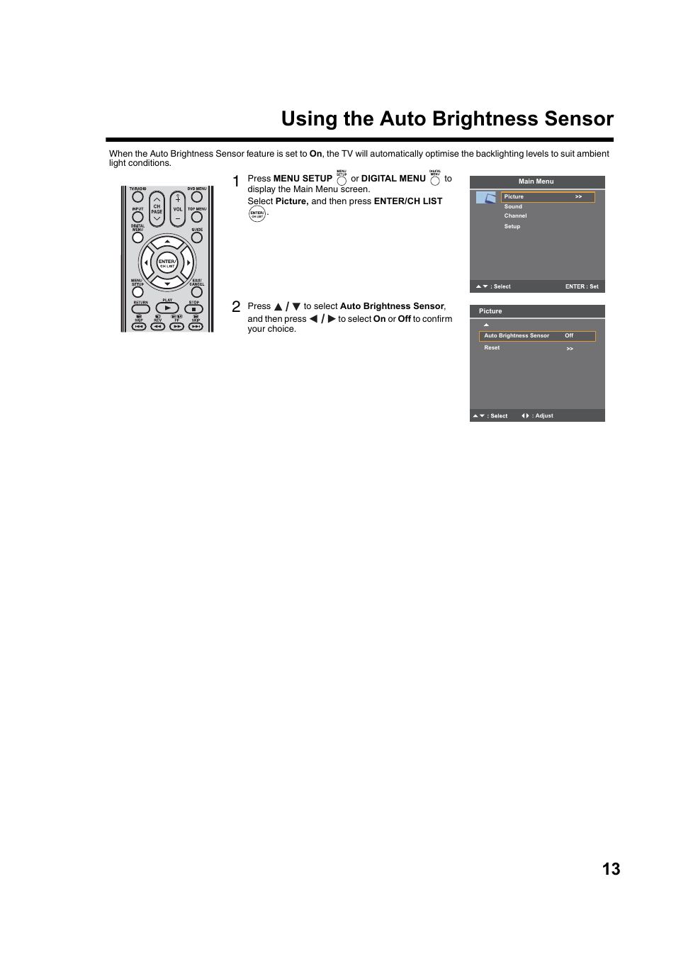 Using the auto brightness sensor | Toshiba DV734 User Manual | Page 13 / 92