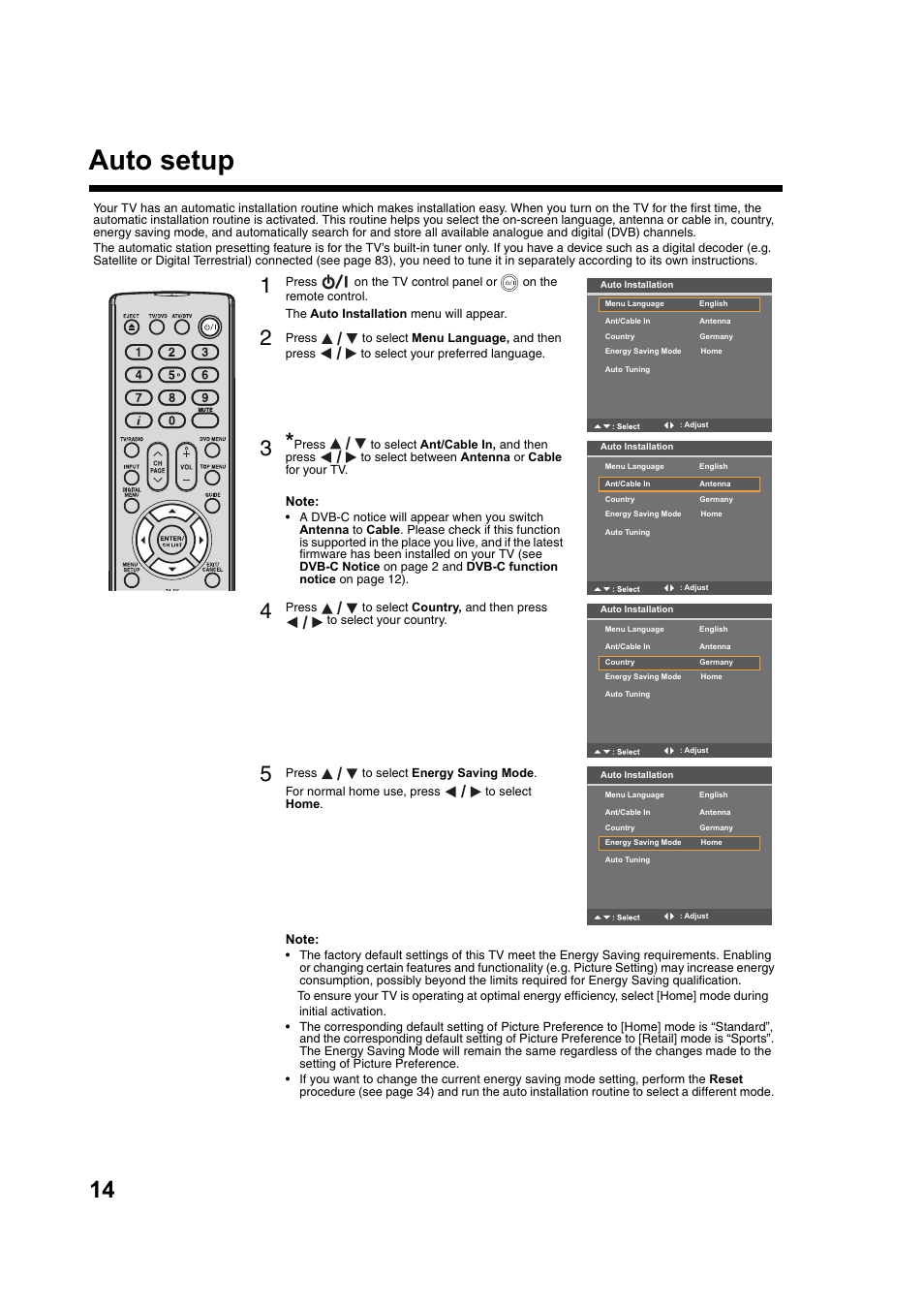 Auto setup | Toshiba DV734 User Manual | Page 14 / 92