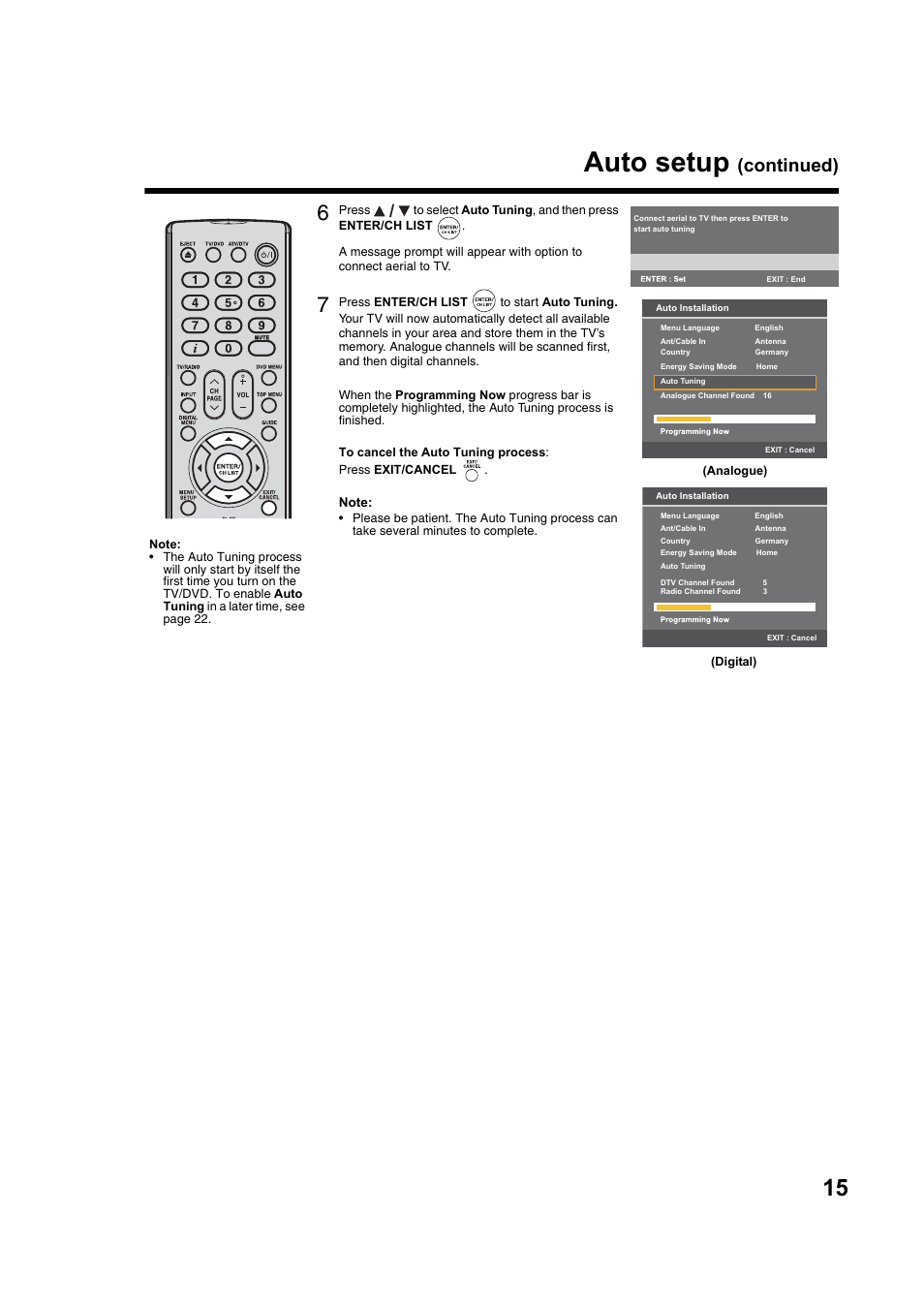 Auto setup, Continued) | Toshiba DV734 User Manual | Page 15 / 92