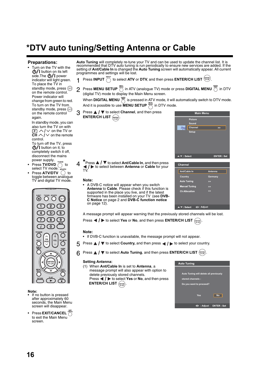 Dtv auto tuning/setting antenna or cable | Toshiba DV734 User Manual | Page 16 / 92